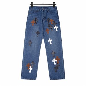 Street Loose Washed Denim Jeans with Cross Patch Blue